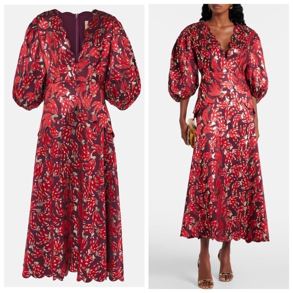 Farm Rio BOSSA Banana Metallic Midi Jacquard Dress Burgundy Red Large - w/ tags - Picture 1 of 11